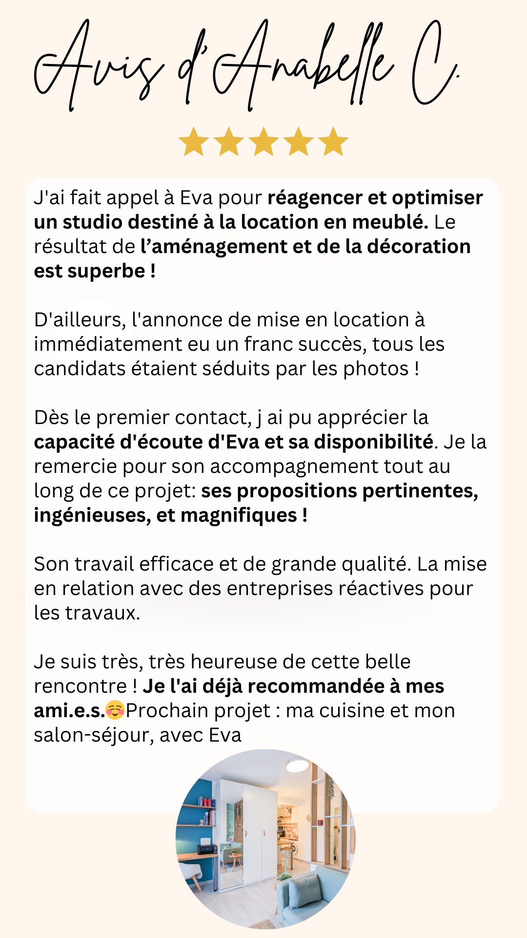 avis client suite à l'agencement d'un studio meublé pour mise en location