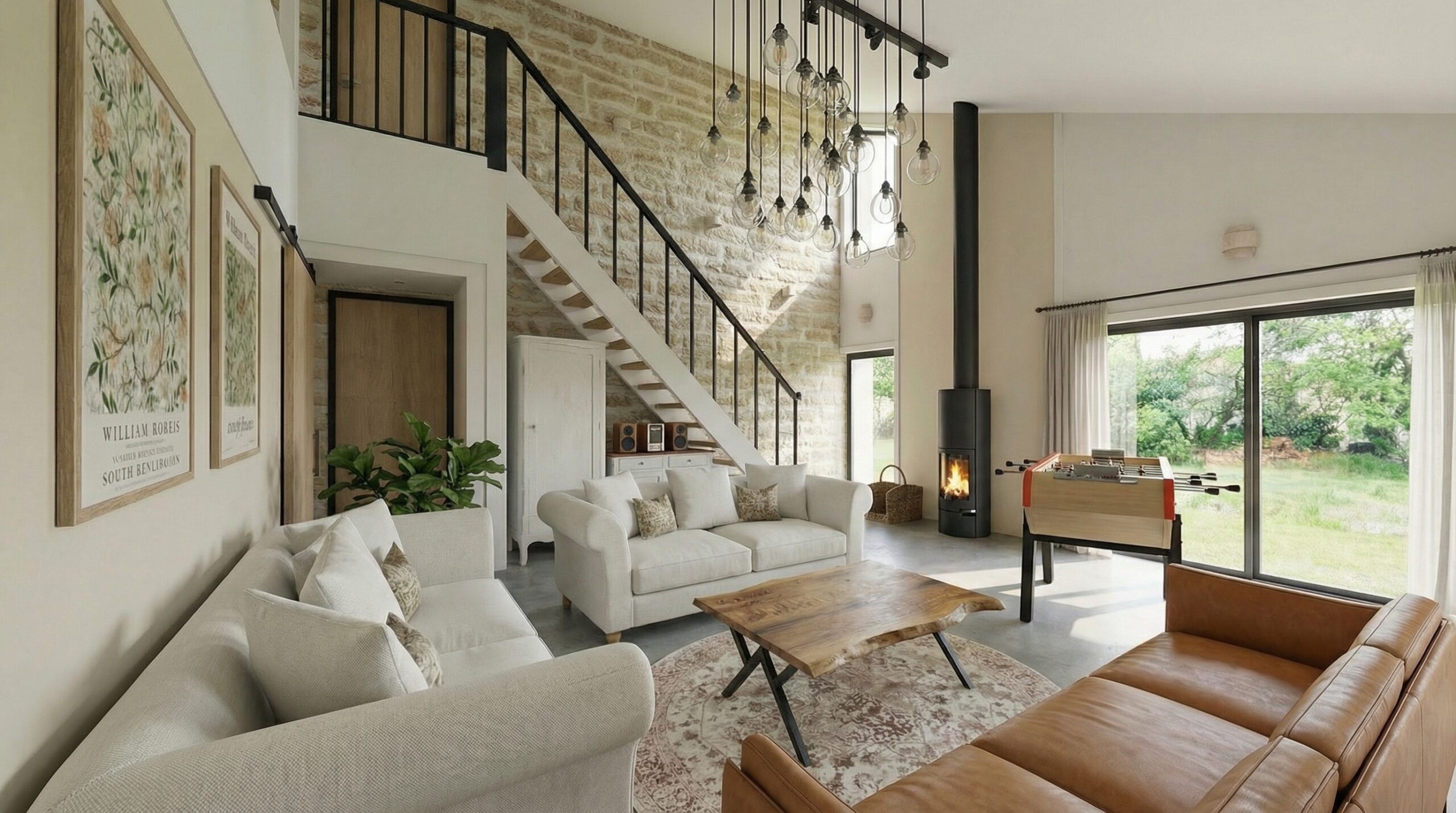 salon rénové dans un grange avec poêle à bois